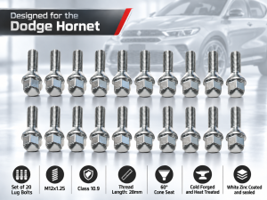 Dodge Dart Lug Bolt Set - Set of 20 - M12x1.25 - 60° Cone Seat - Silver