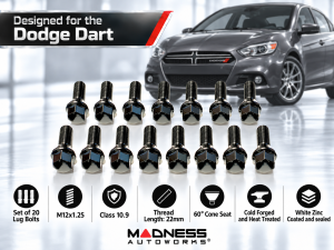 Dodge Dart Lug Bolt Set - Set of 20 - M12x1.25 - 60° Cone Seat - Black