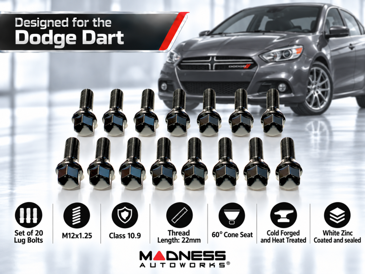 Dodge Dart Lug Bolt Set - Set of 20 - M12x1.25 - 60° Cone Seat - Black